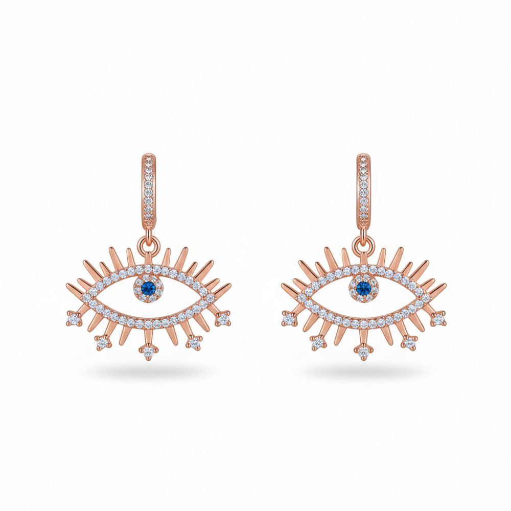 Beyaz Zirkon Taşlı Göz Tasarım Rose Renk 925 Ayar Gümüş Kadın Küpe - 4