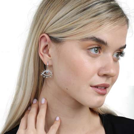 Beyaz Zirkon Taşlı Göz Tasarım Gümüş Renk 925 Ayar Gümüş Kadın Küpe - Tesbihane