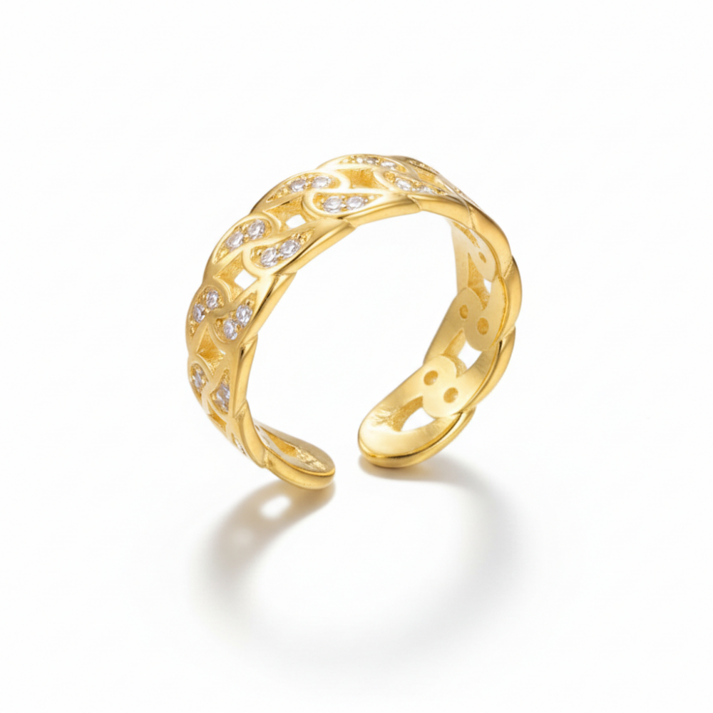 Beyaz Zirkon Taşlı Gurmet Tasarım Altın Renk Ayarlanabilir Ölçü 925 Ayar Gümüş Kadın Yüzük - 4