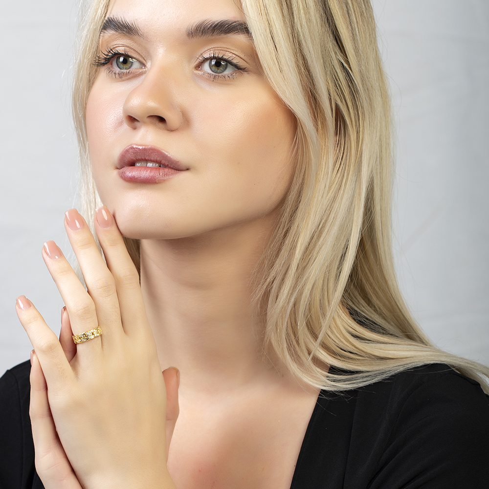 Beyaz Zirkon Taşlı Gurmet Tasarım Altın Renk Ayarlanabilir Ölçü 925 Ayar Gümüş Kadın Yüzük - 3