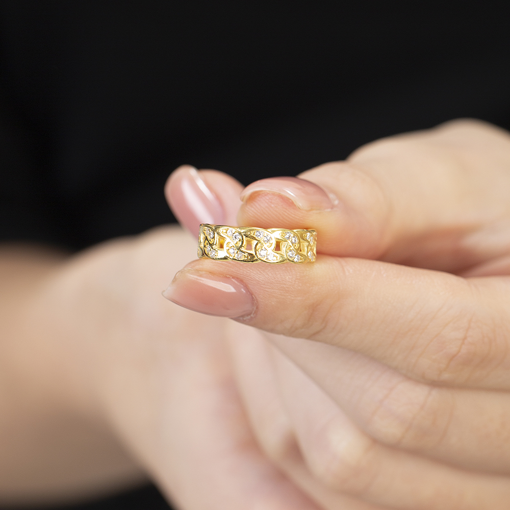 Beyaz Zirkon Taşlı Gurmet Tasarım Altın Renk Ayarlanabilir Ölçü 925 Ayar Gümüş Kadın Yüzük - 2