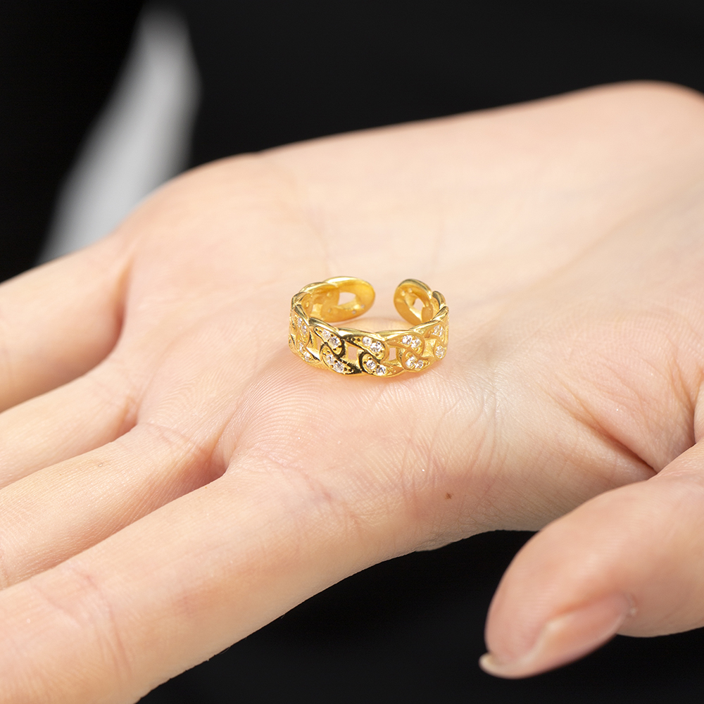 Beyaz Zirkon Taşlı Gurmet Tasarım Altın Renk Ayarlanabilir Ölçü 925 Ayar Gümüş Kadın Yüzük - 5