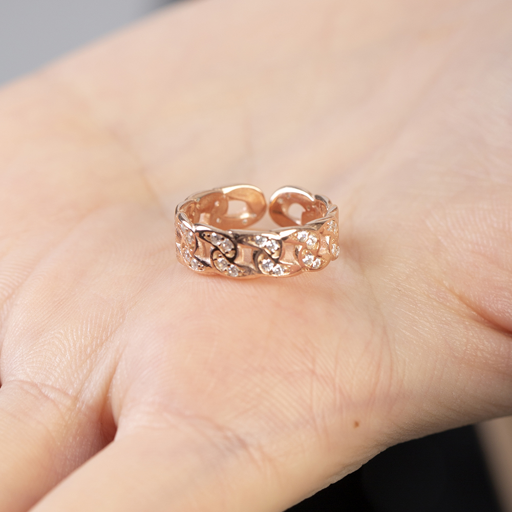 Beyaz Zirkon Taşlı Gurmet Tasarım Rose Renk Ayarlanabilir Ölçü 925 Ayar Gümüş Kadın Yüzük - 5