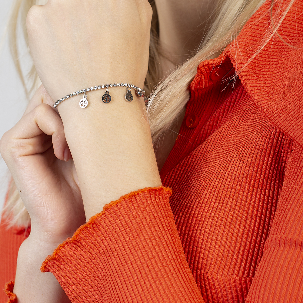 Beyaz Zirkon Taşlı Hayat Ağacı Tasarım Gümüş Renk Çelik Kadın Bileklik - 3