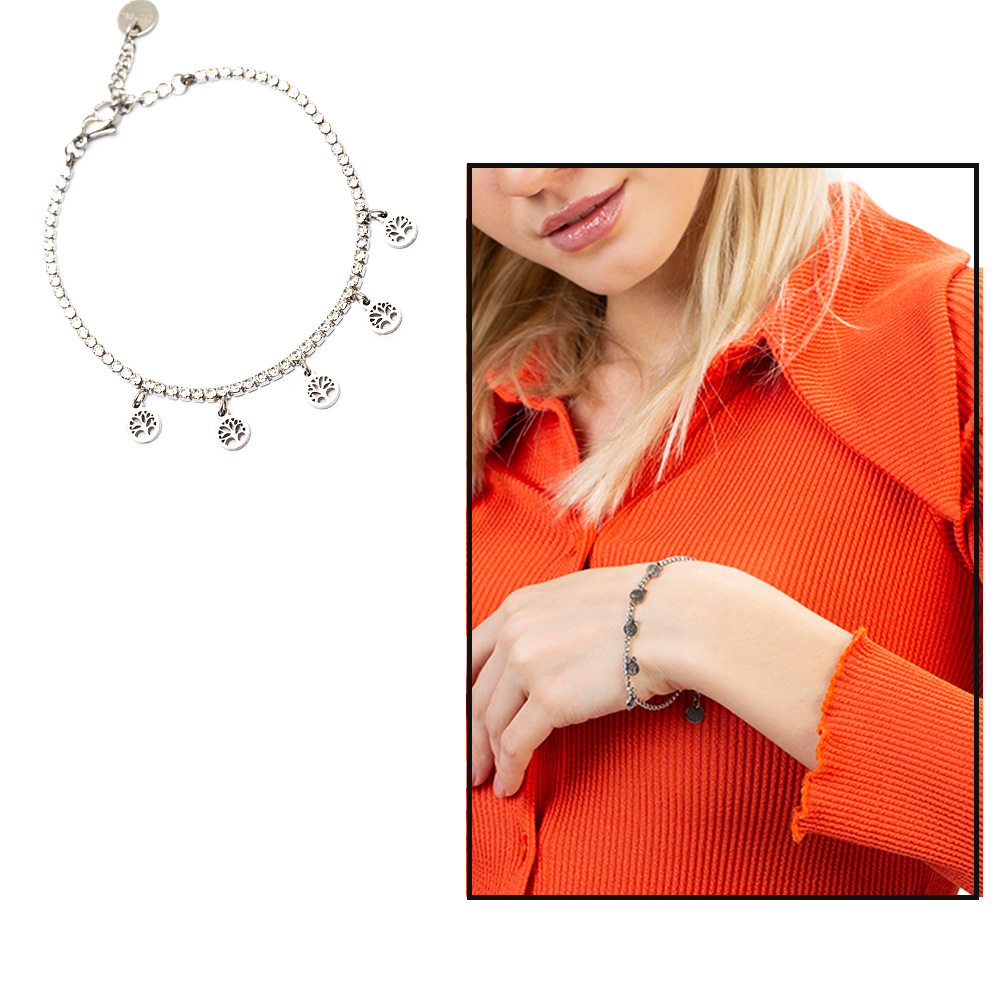 Beyaz Zirkon Taşlı Hayat Ağacı Tasarım Gümüş Renk Çelik Kadın Bileklik - 1