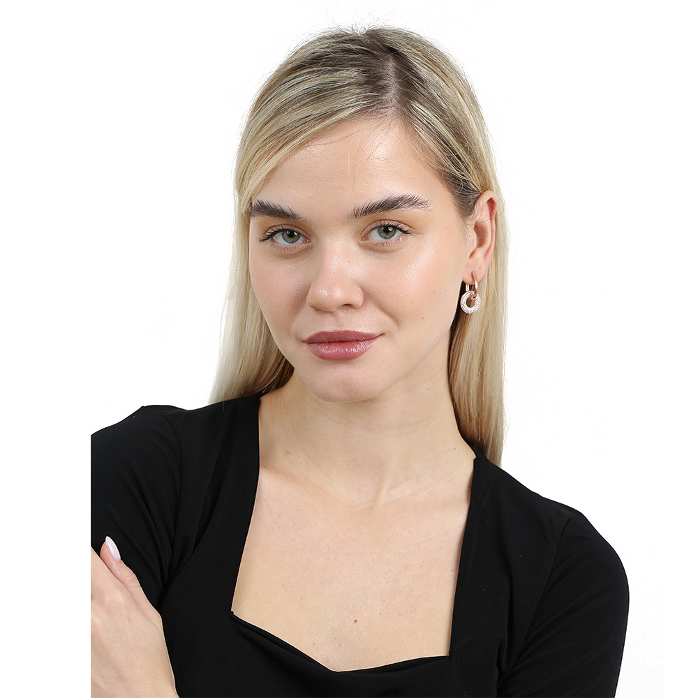 Beyaz Zirkon Taşlı Halka Tasarım Rose Renk 925 Ayar Gümüş Kadın Küpe - 2