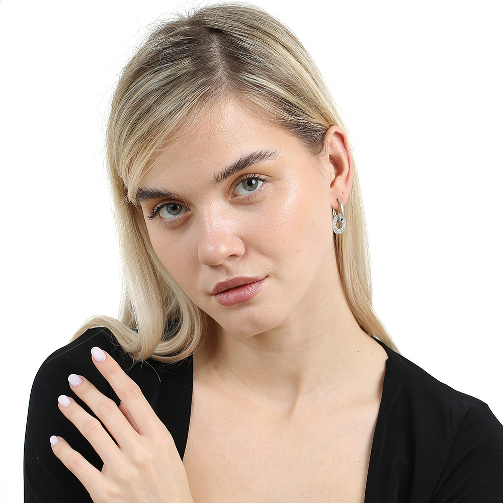 Beyaz Zirkon Taşlı Halka Tasarım Gümüş Renk 925 Ayar Gümüş Kadın Küpe - 2