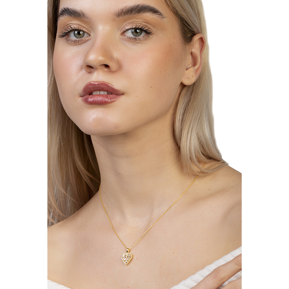 Beyaz Zirkon Taşlı Kalp Tasarım Altın Renk 925 Ayar Gümüş Kadın Kolye - 2