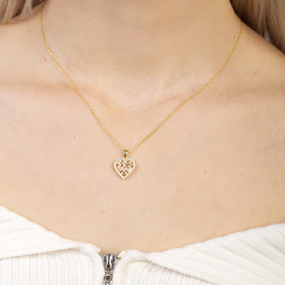 Beyaz Zirkon Taşlı Kalp Tasarım Altın Renk 925 Ayar Gümüş Kadın Kolye - 4