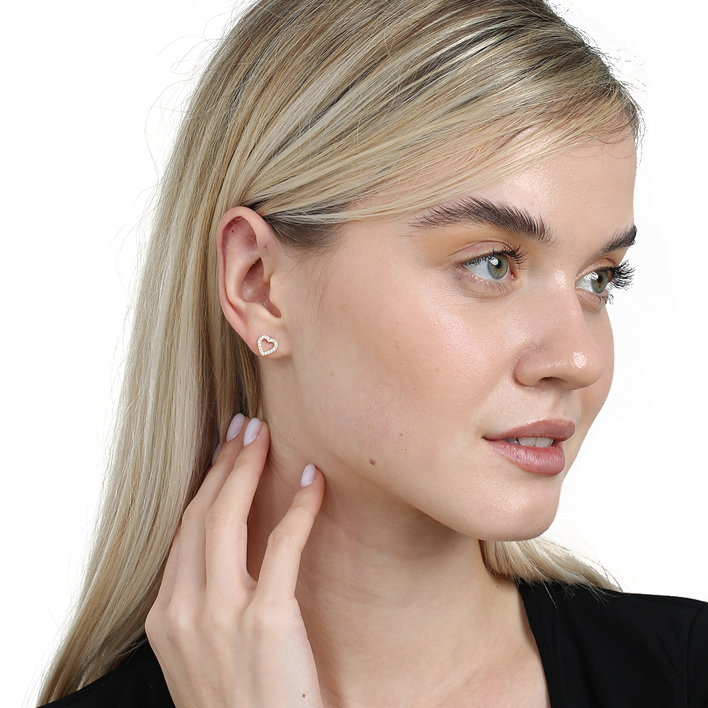 Beyaz Zirkon Taşlı Kalp Tasarım Altın Renk 925 Ayar Gümüş Kadın Küpe - 1