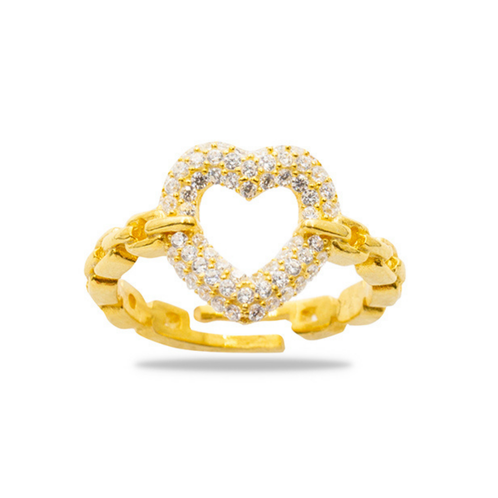 Beyaz Zirkon Taşlı Kalp Tasarım Altın Renk Ayarlanabilir Ölçü 925 Ayar Gümüş Kadın Yüzük - 2