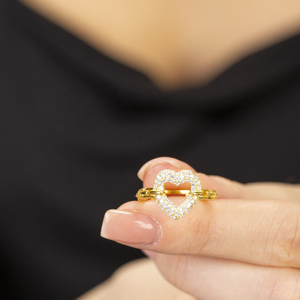 Beyaz Zirkon Taşlı Kalp Tasarım Altın Renk Ayarlanabilir Ölçü 925 Ayar Gümüş Kadın Yüzük - 4