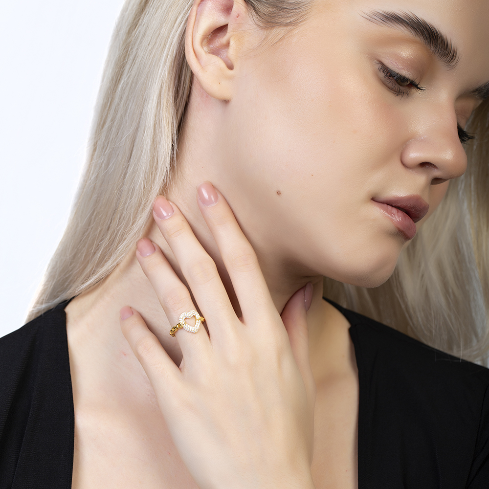 Beyaz Zirkon Taşlı Kalp Tasarım Altın Renk Ayarlanabilir Ölçü 925 Ayar Gümüş Kadın Yüzük - 5