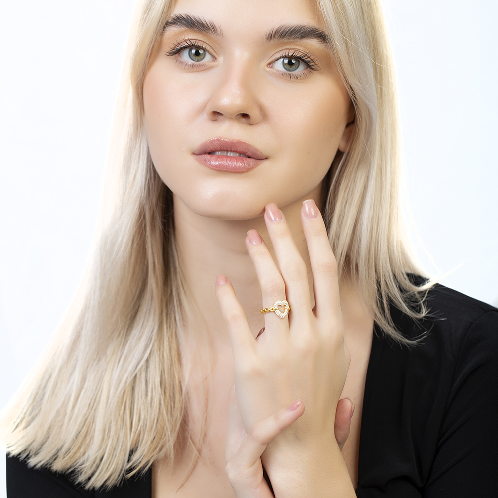 Beyaz Zirkon Taşlı Kalp Tasarım Altın Renk Ayarlanabilir Ölçü 925 Ayar Gümüş Kadın Yüzük - 6