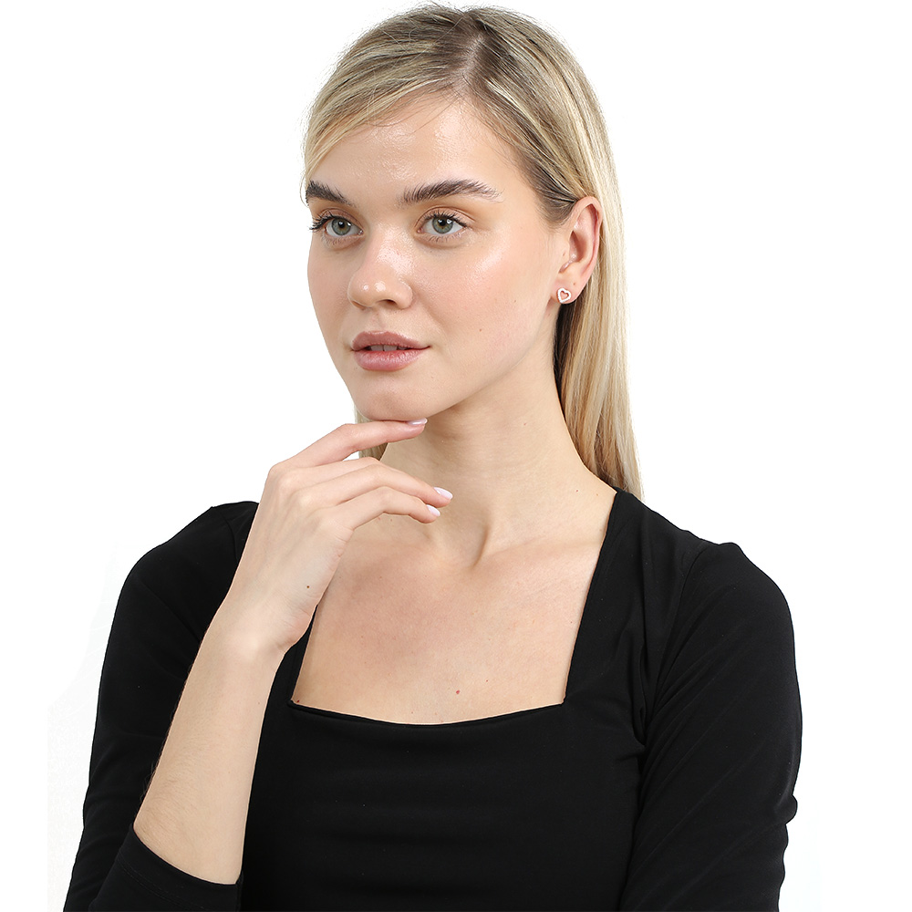 Beyaz Zirkon Taşlı Kalp Tasarım Rose Renk 925 Ayar Gümüş Kadın Küpe - 2