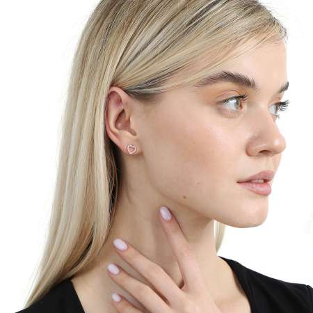 Beyaz Zirkon Taşlı Kalp Tasarım Rose Renk 925 Ayar Gümüş Kadın Küpe - Tesbihane