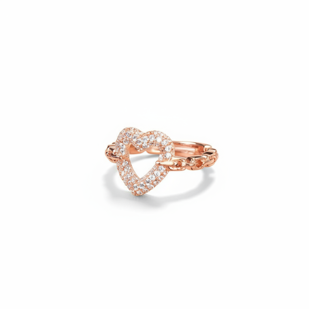 Beyaz Zirkon Taşlı Kalp Tasarım Rose Renk Ayarlanabilir Ölçü 925 Ayar Gümüş Kadın Yüzük - 4