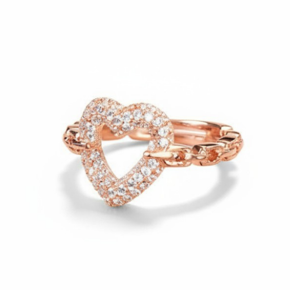 Beyaz Zirkon Taşlı Kalp Tasarım Rose Renk Ayarlanabilir Ölçü 925 Ayar Gümüş Kadın Yüzük - 2