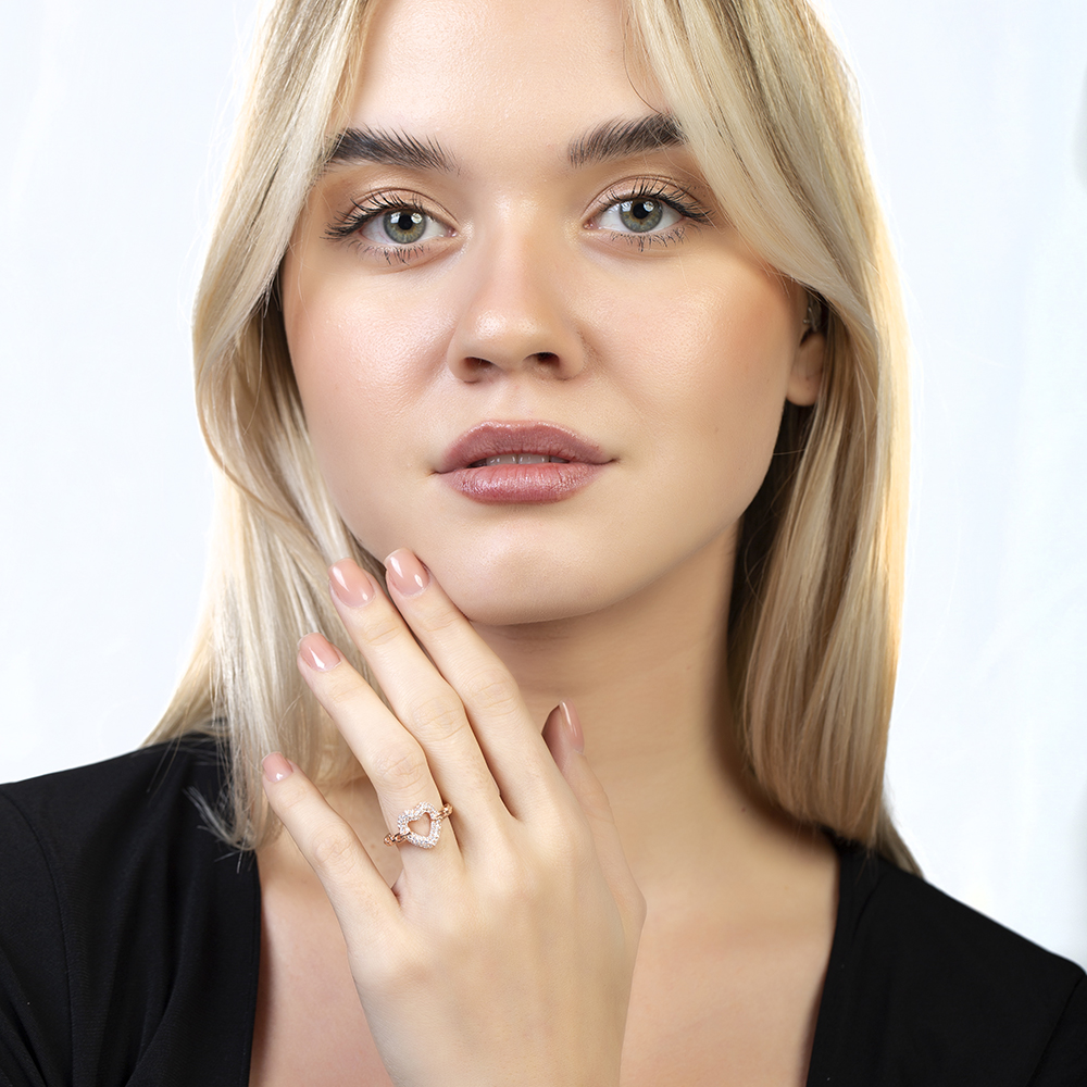 Beyaz Zirkon Taşlı Kalp Tasarım Rose Renk Ayarlanabilir Ölçü 925 Ayar Gümüş Kadın Yüzük - 1