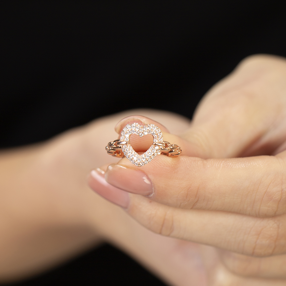 Beyaz Zirkon Taşlı Kalp Tasarım Rose Renk Ayarlanabilir Ölçü 925 Ayar Gümüş Kadın Yüzük - 2