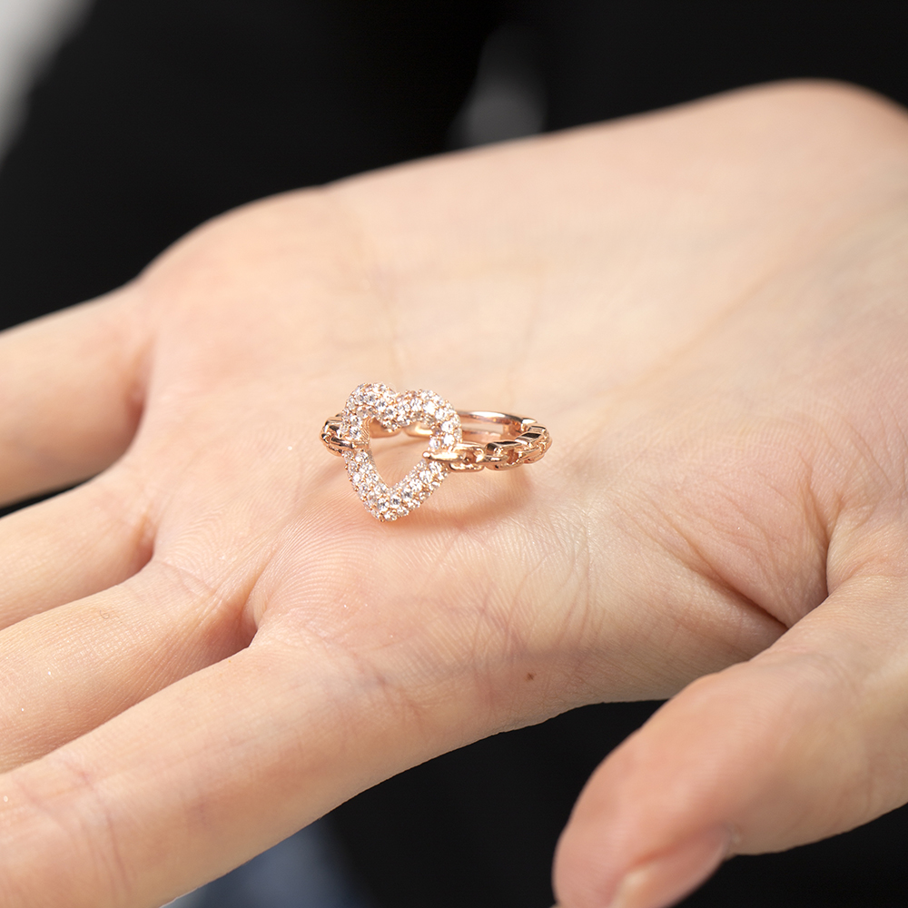 Beyaz Zirkon Taşlı Kalp Tasarım Rose Renk Ayarlanabilir Ölçü 925 Ayar Gümüş Kadın Yüzük - 5