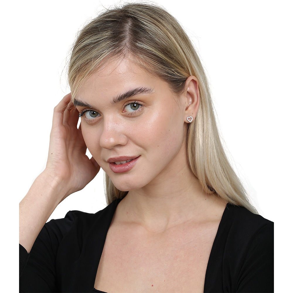 Beyaz Zirkon Taşlı Kalp Tasarım Gümüş Renk 925 Ayar Gümüş Kadın Küpe - 2