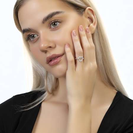 Beyaz Zirkon Taşlı Kalp Tasarım Gümüş Renk Ayarlanabilir Ölçü 925 Ayar Gümüş Kadın Yüzük - Tesbihane