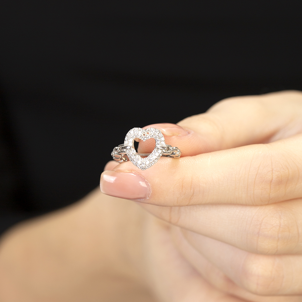 Beyaz Zirkon Taşlı Kalp Tasarım Gümüş Renk Ayarlanabilir Ölçü 925 Ayar Gümüş Kadın Yüzük - 2
