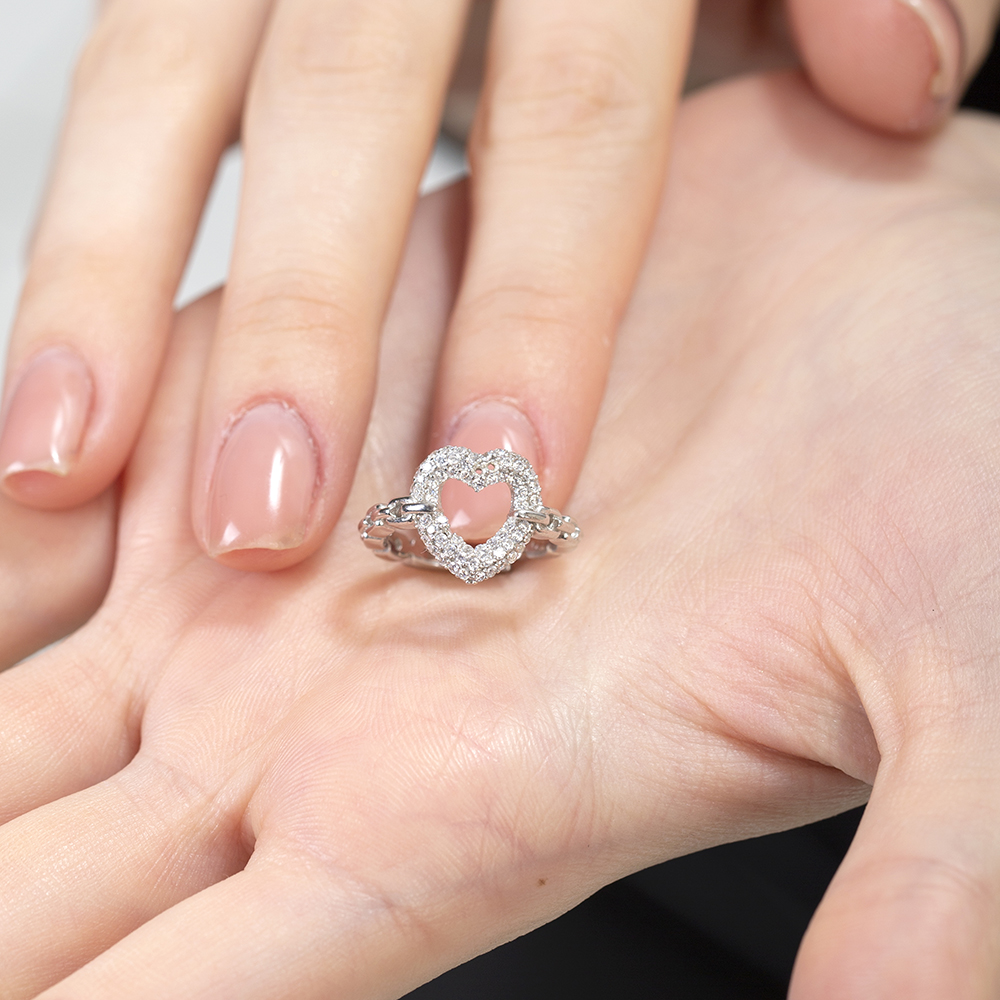 Beyaz Zirkon Taşlı Kalp Tasarım Gümüş Renk Ayarlanabilir Ölçü 925 Ayar Gümüş Kadın Yüzük - 5