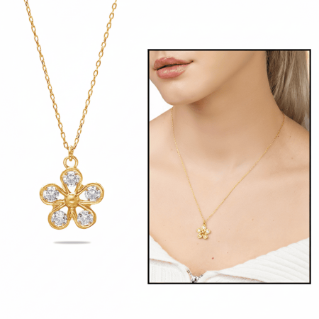 Beyaz Zirkon Taşlı Kar Tanesi Tasarım Altın Renk 925 Ayar Gümüş Kadın Kolye - Tesbihane