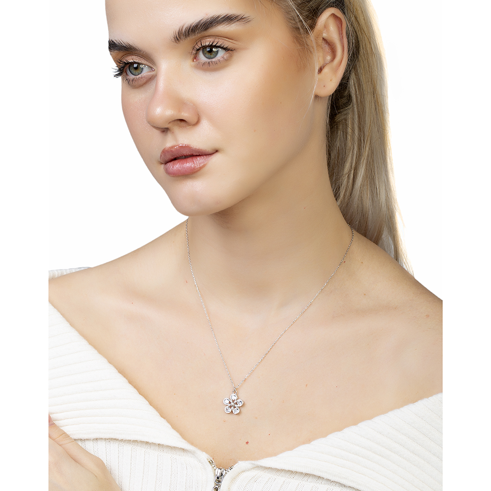 Beyaz Zirkon Taşlı Kar Tanesi Tasarım Gümüş Renk 925 Ayar Gümüş Kadın Kolye - 3