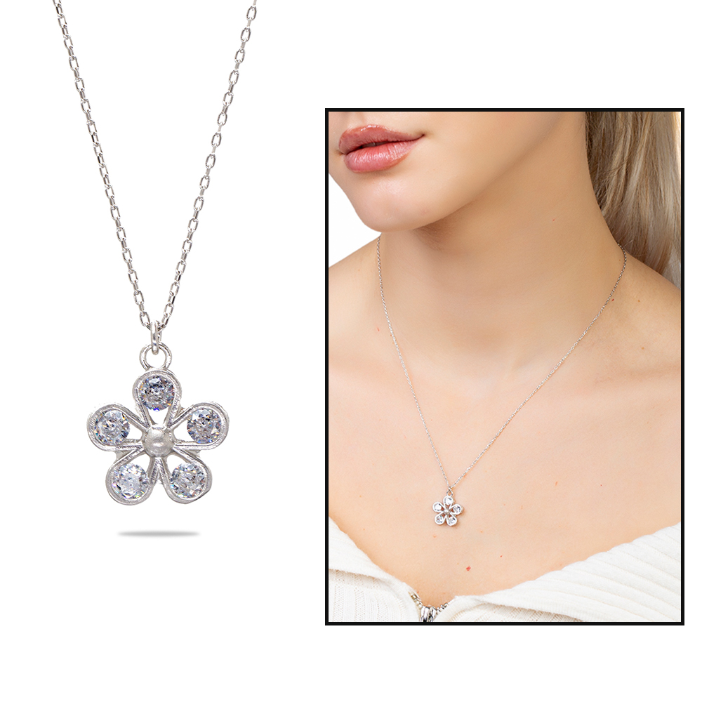 Beyaz Zirkon Taşlı Kar Tanesi Tasarım Gümüş Renk 925 Ayar Gümüş Kadın Kolye - 1