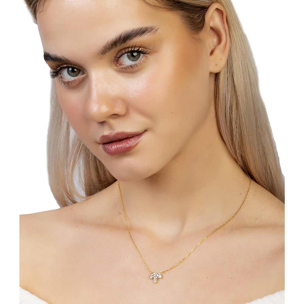 Beyaz Zirkon Taşlı Kardelen Tasarım Altın Renk 925 Ayar Gümüş Kadın Kolye - 3