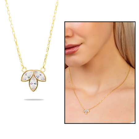 Beyaz Zirkon Taşlı Kardelen Tasarım Altın Renk 925 Ayar Gümüş Kadın Kolye - Tesbihane