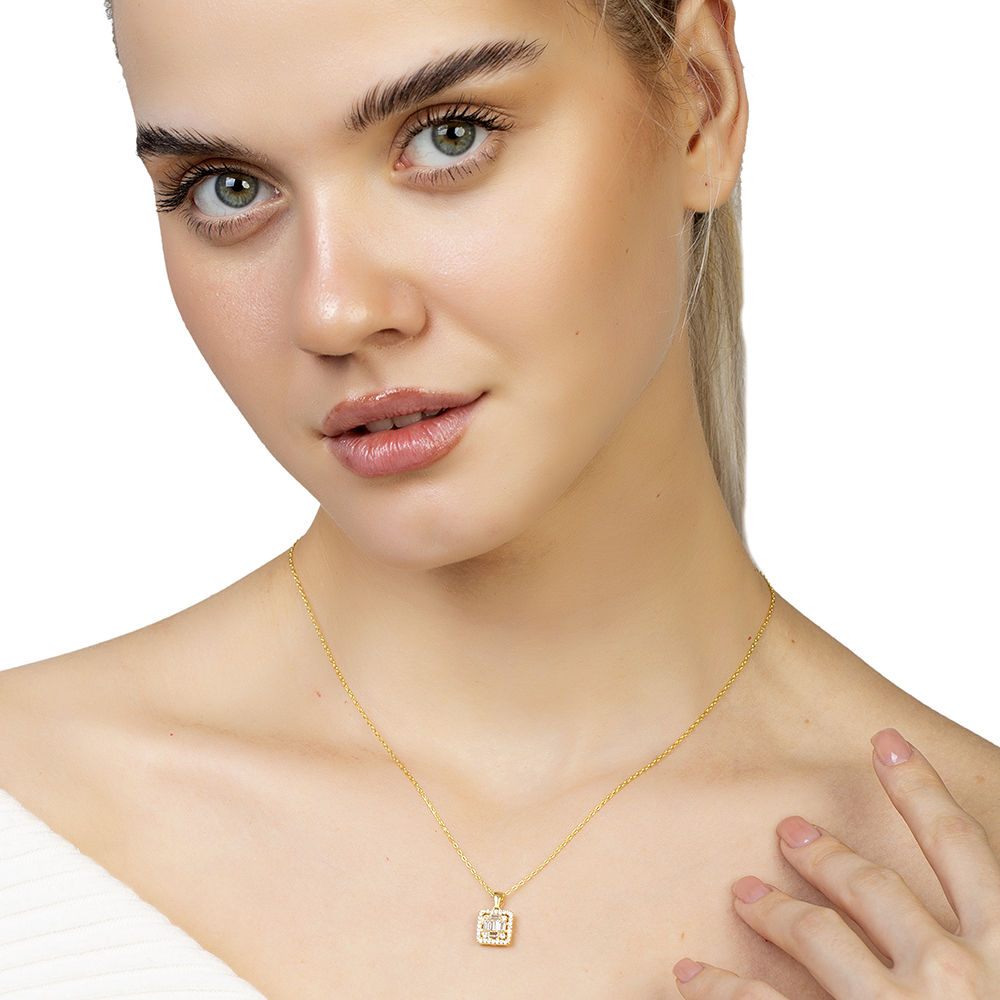 Beyaz Zirkon Taşlı Kare Tasarım Altın Renk 925 Ayar Gümüş Kadın Kolye - 2