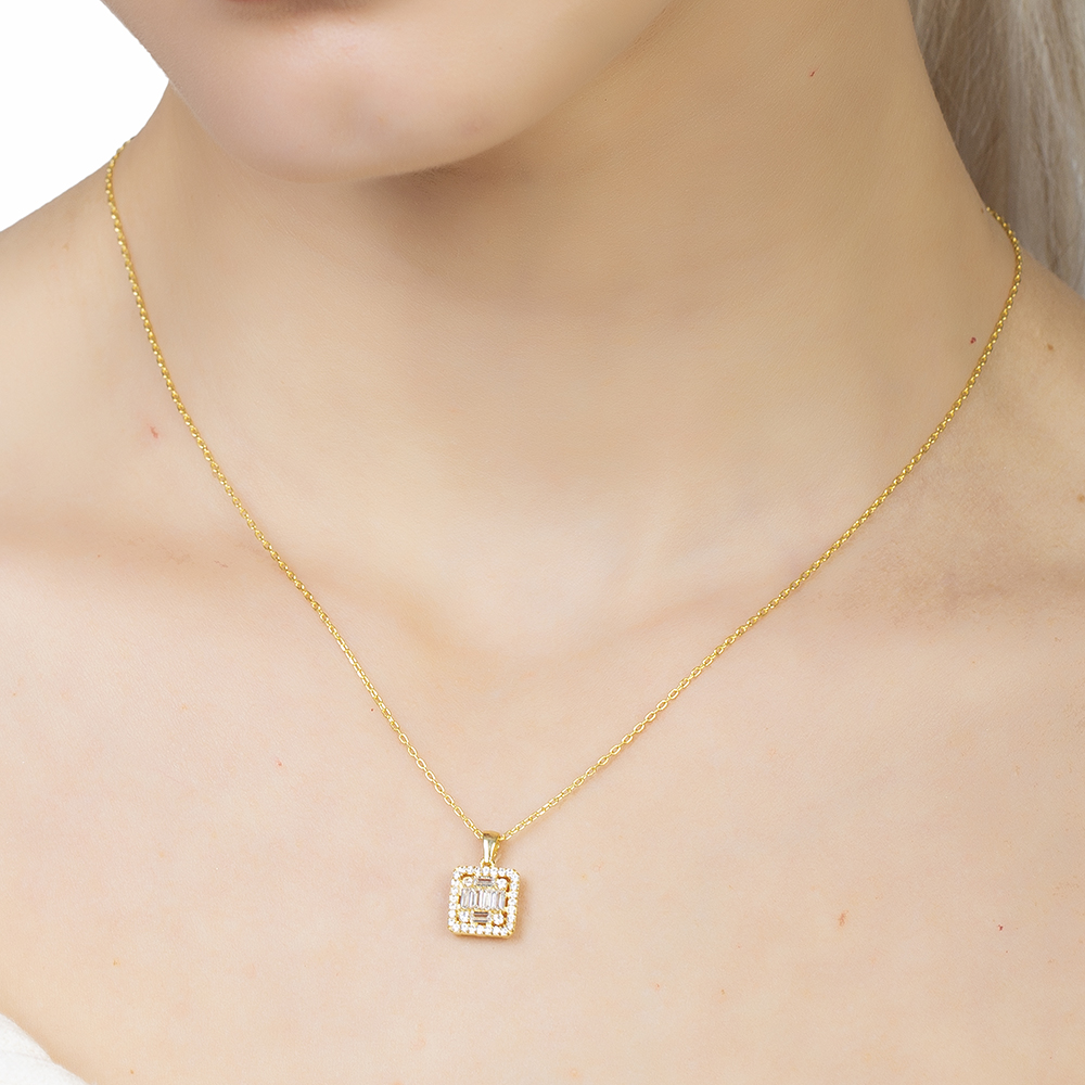 Beyaz Zirkon Taşlı Kare Tasarım Altın Renk 925 Ayar Gümüş Kadın Kolye - 4