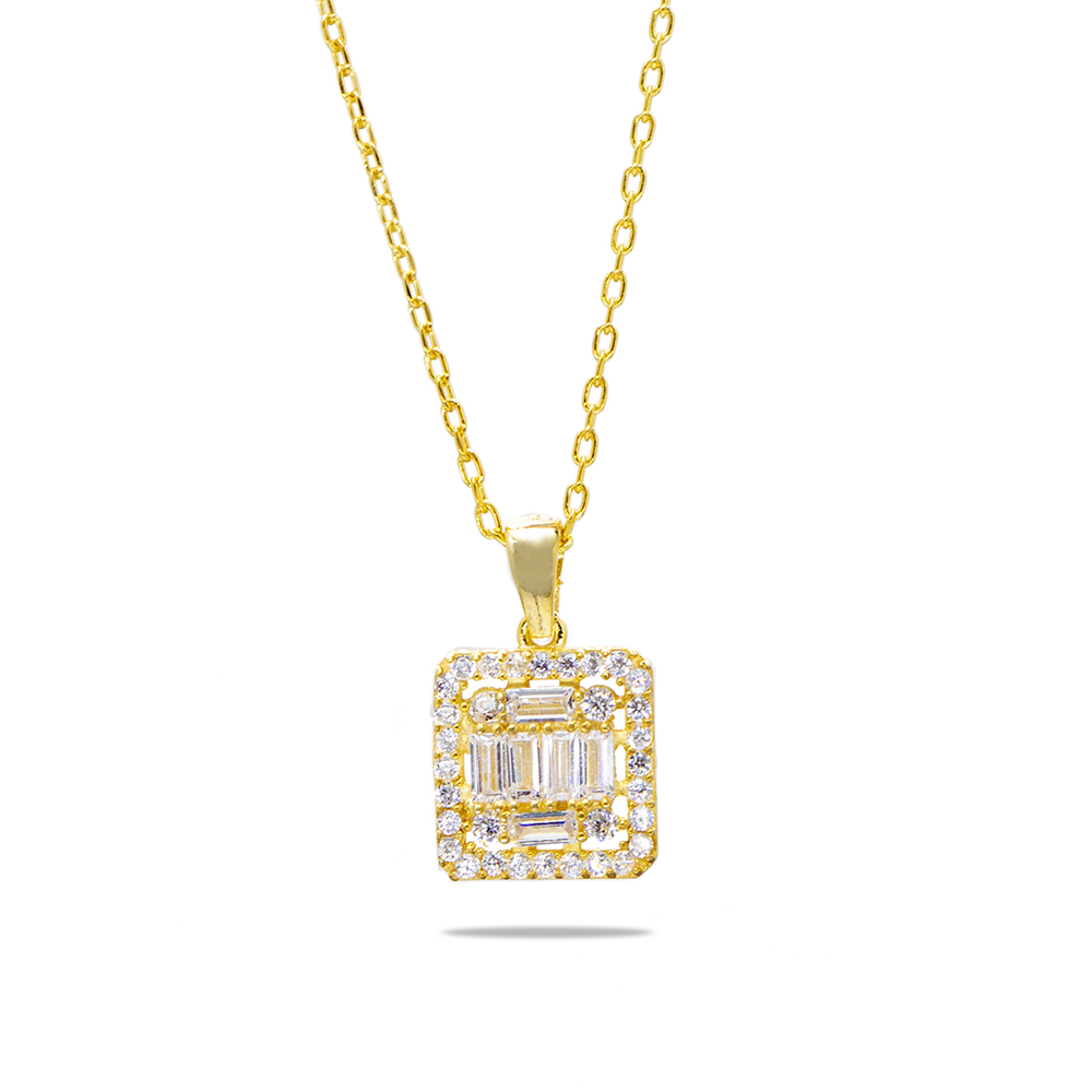 Beyaz Zirkon Taşlı Kare Tasarım Altın Renk 925 Ayar Gümüş Kadın Kolye - 3