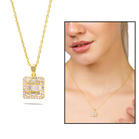 Beyaz Zirkon Taşlı Kare Tasarım Altın Rengi 925 Ayar Gümüş Kadın Kolye - Tesbihane