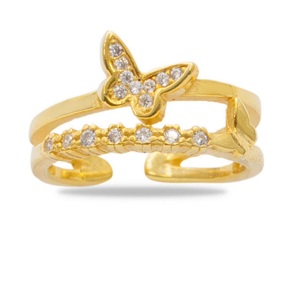 Beyaz Zirkon Taşlı Kelebek Detaylı Altın Renk Ayarlanabilir Ölçü 925 Ayar Gümüş Kadın Yüzük - 2