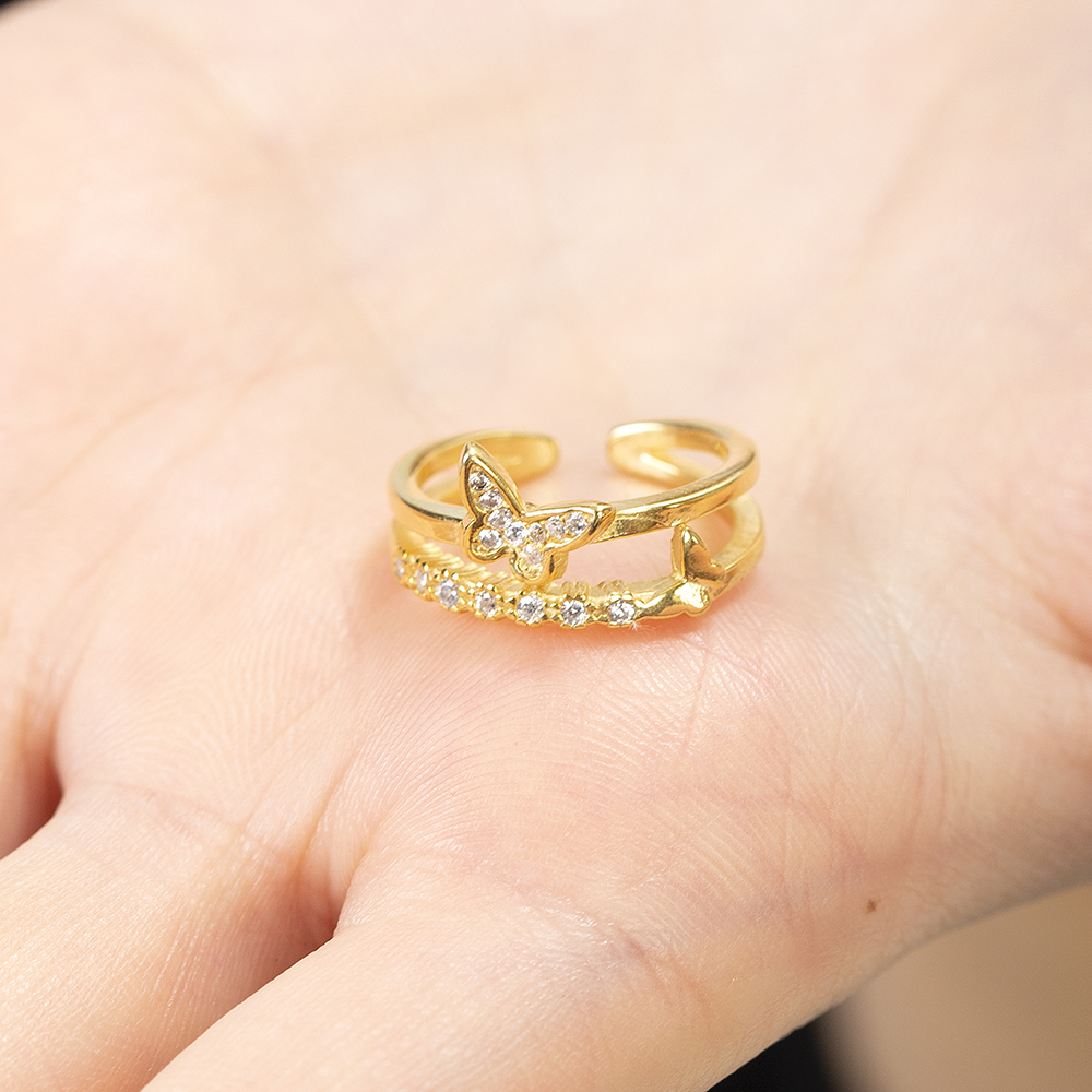 Beyaz Zirkon Taşlı Kelebek Detaylı Altın Renk Ayarlanabilir Ölçü 925 Ayar Gümüş Kadın Yüzük - 3