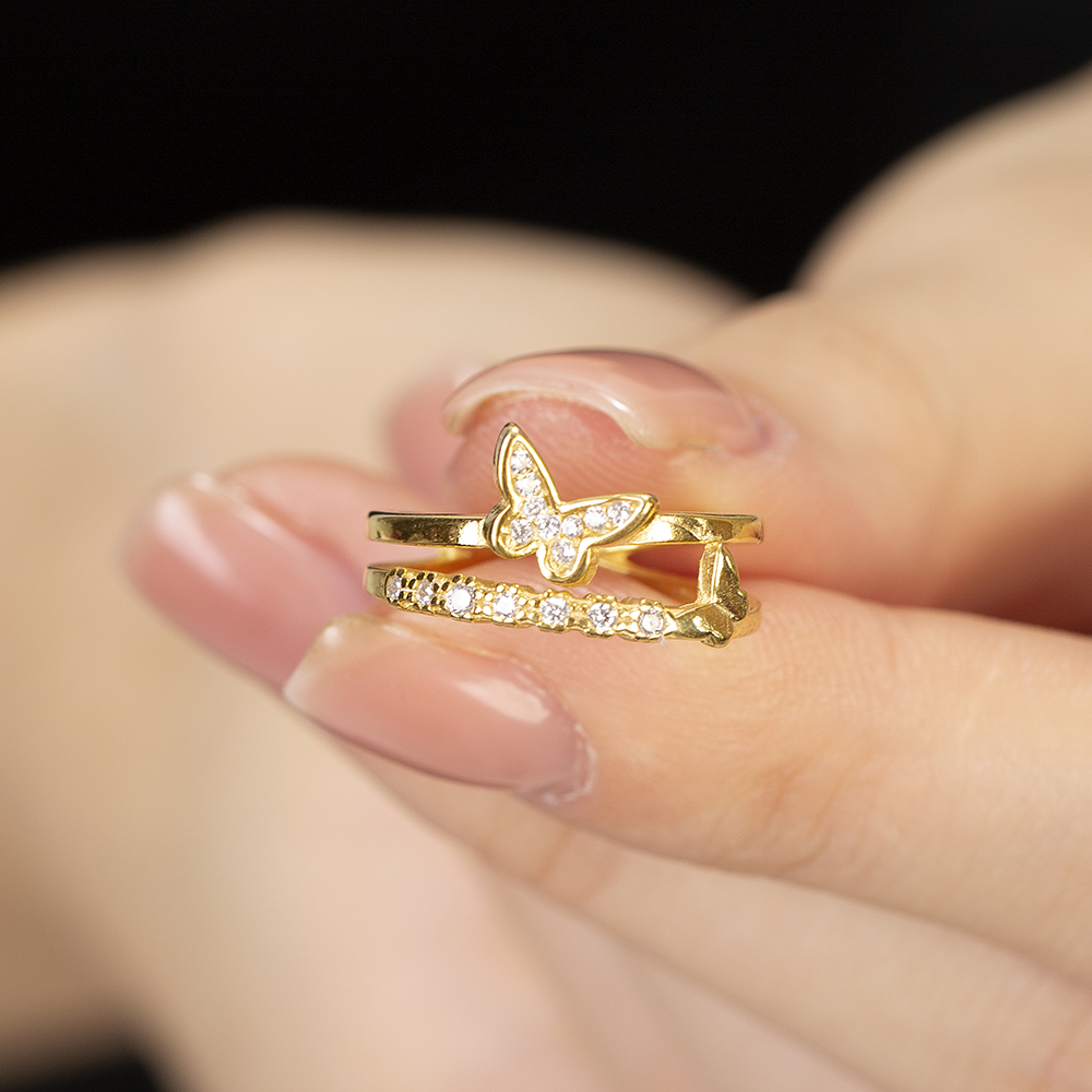 Beyaz Zirkon Taşlı Kelebek Detaylı Altın Renk Ayarlanabilir Ölçü 925 Ayar Gümüş Kadın Yüzük - 4