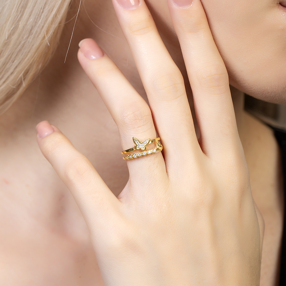 Beyaz Zirkon Taşlı Kelebek Detaylı Altın Renk Ayarlanabilir Ölçü 925 Ayar Gümüş Kadın Yüzük - 5