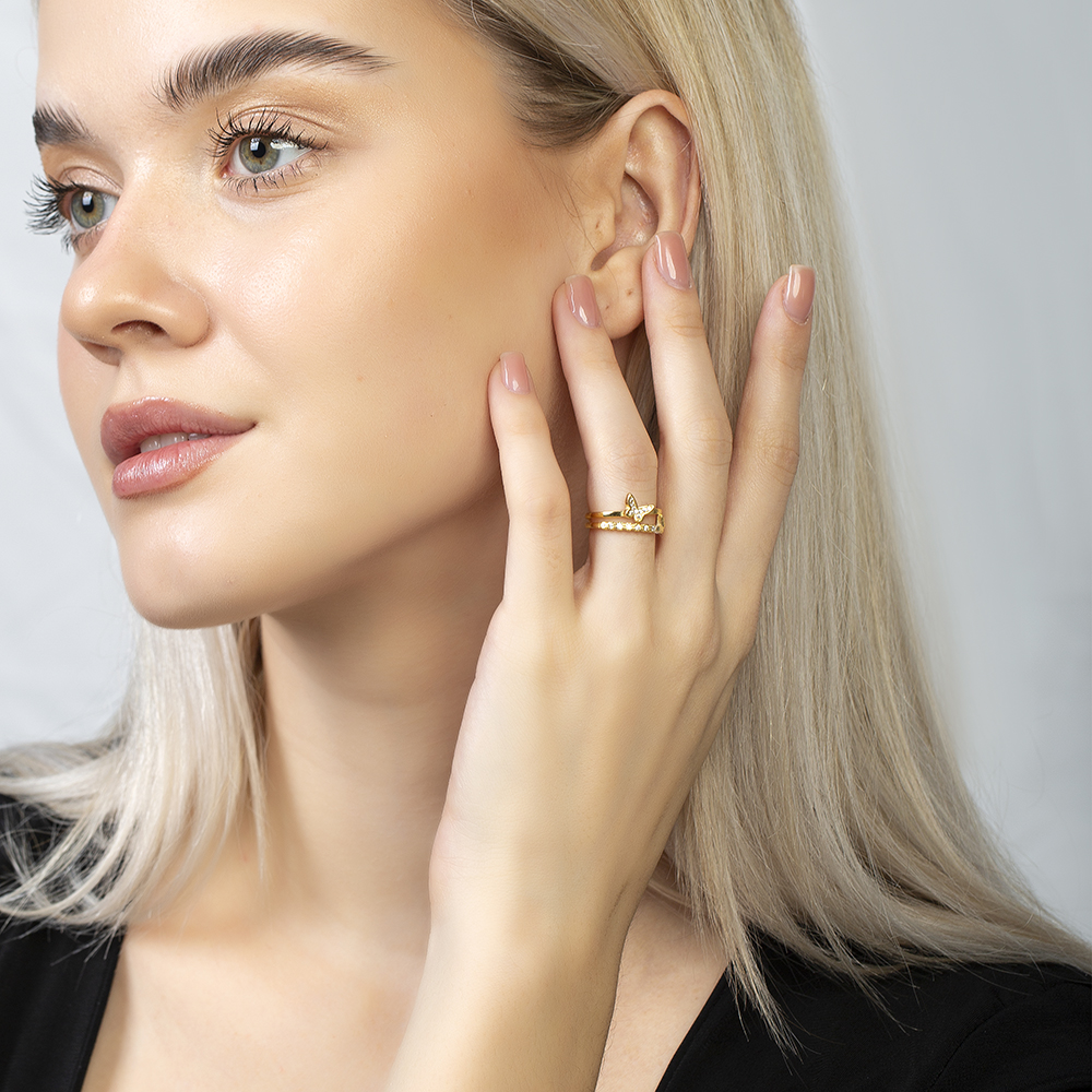 Beyaz Zirkon Taşlı Kelebek Detaylı Altın Renk Ayarlanabilir Ölçü 925 Ayar Gümüş Kadın Yüzük - 6