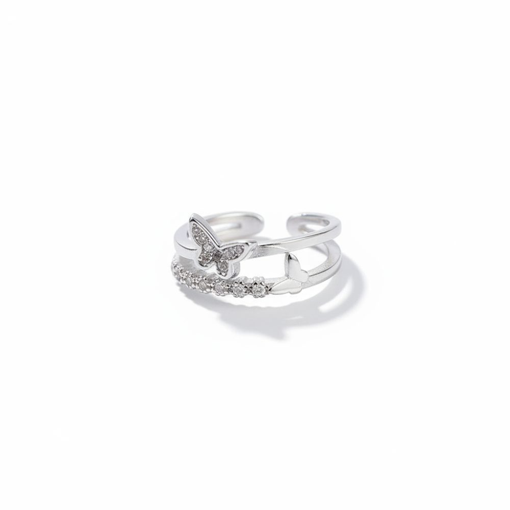 Beyaz Zirkon Taşlı Kelebek Detaylı Gümüş Renk Ayarlanabilir Ölçü 925 Ayar Gümüş Kadın Yüzük - 4