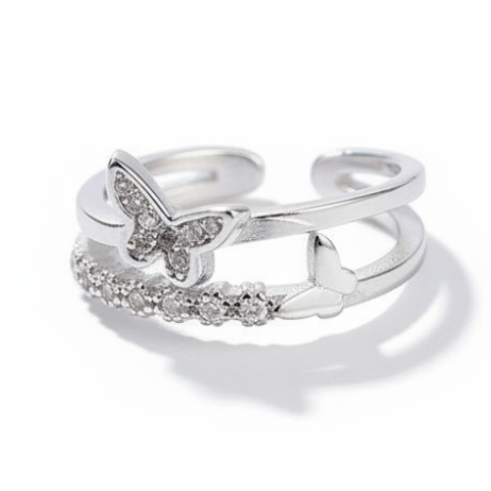 Beyaz Zirkon Taşlı Kelebek Detaylı Gümüş Renk Ayarlanabilir Ölçü 925 Ayar Gümüş Kadın Yüzük - 2