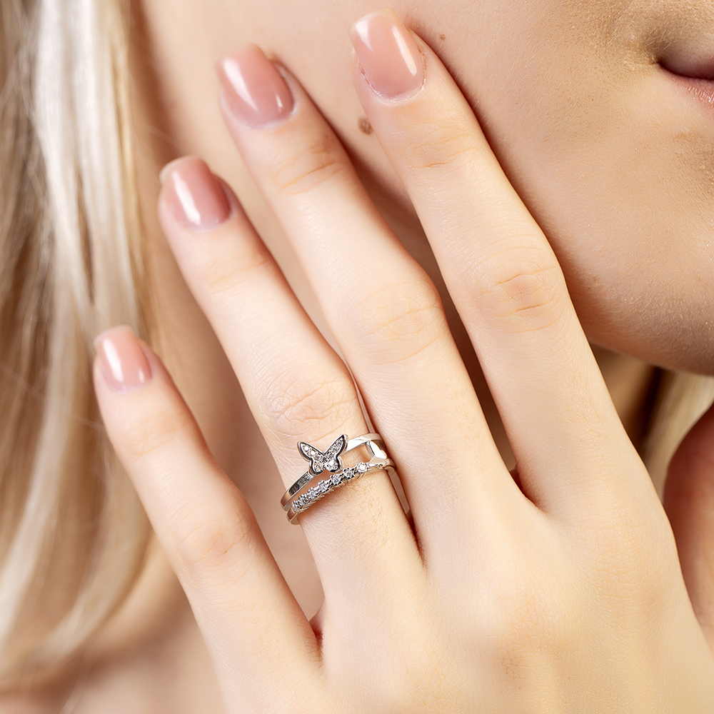 Beyaz Zirkon Taşlı Kelebek Detaylı Gümüş Renk Ayarlanabilir Ölçü 925 Ayar Gümüş Kadın Yüzük - 1