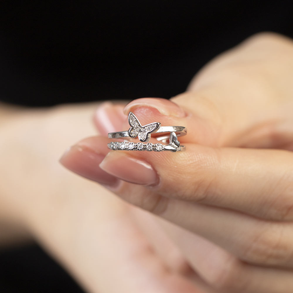 Beyaz Zirkon Taşlı Kelebek Detaylı Gümüş Renk Ayarlanabilir Ölçü 925 Ayar Gümüş Kadın Yüzük - 2