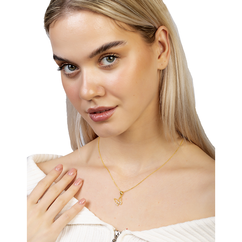 Beyaz Zirkon Taşlı Kelebek Tasarım Altın Renk 925 Ayar Gümüş Kadın Kolye - 2
