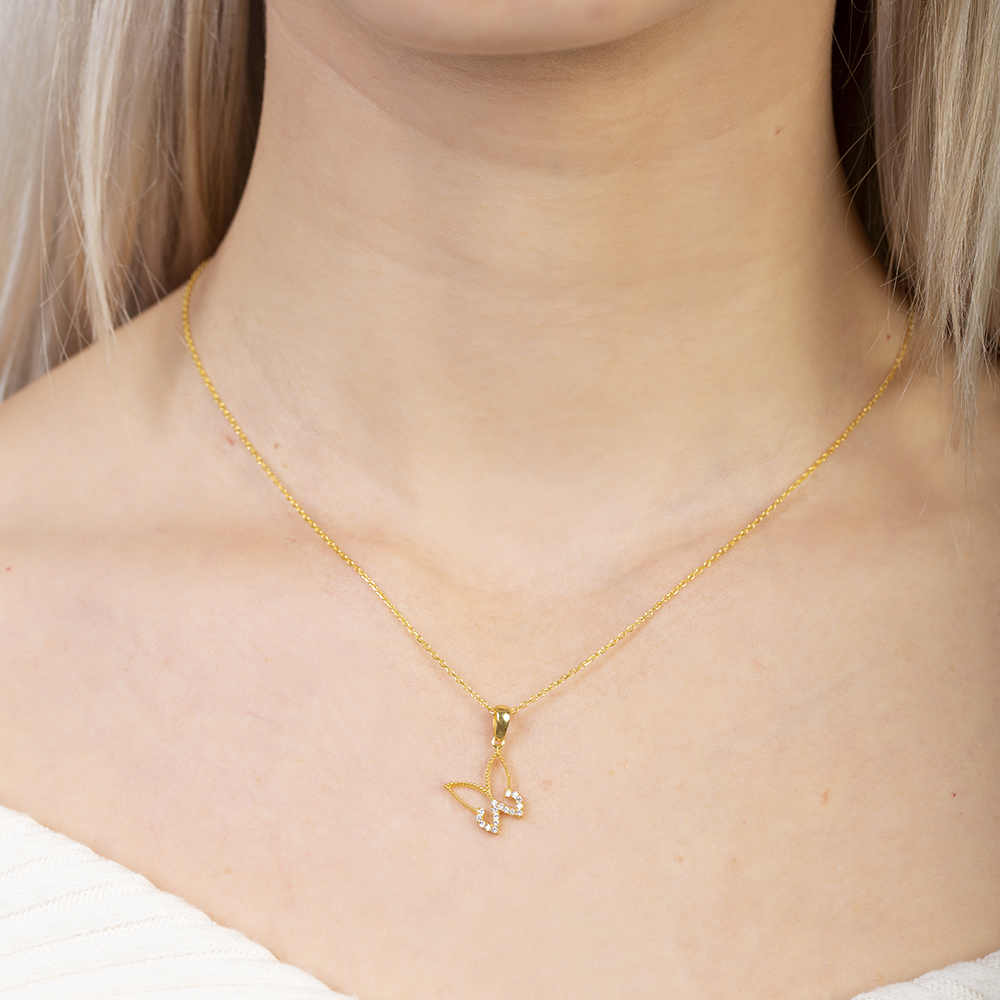 Beyaz Zirkon Taşlı Kelebek Tasarım Altın Renk 925 Ayar Gümüş Kadın Kolye - 4