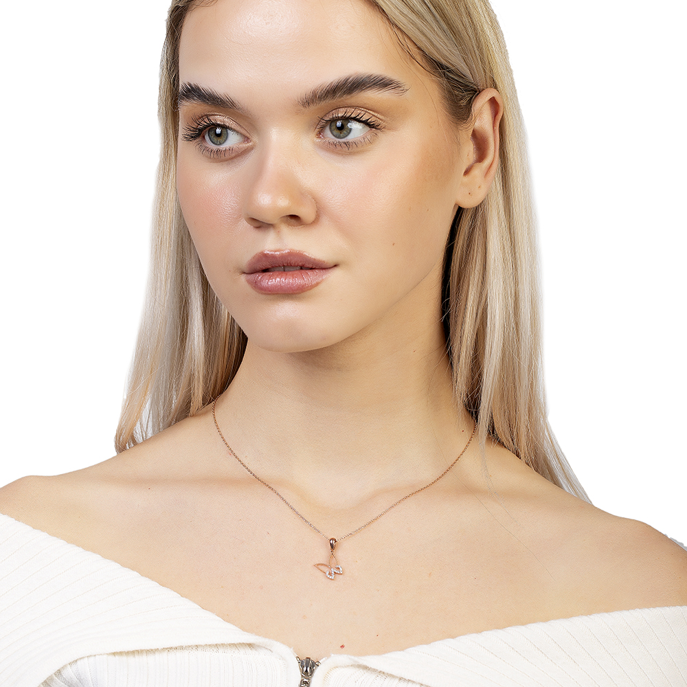 Beyaz Zirkon Taşlı Kelebek Tasarım Rose Renk 925 Ayar Gümüş Kadın Kolye - 2